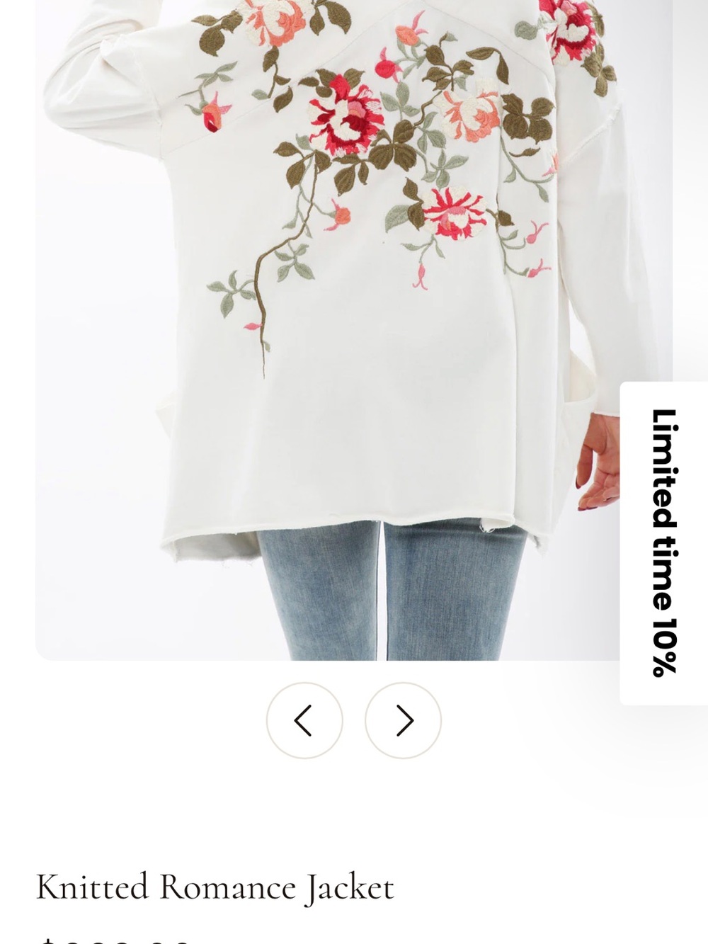 Aratta White French Terry Cardigan with Pink & Red Floral Embroidery